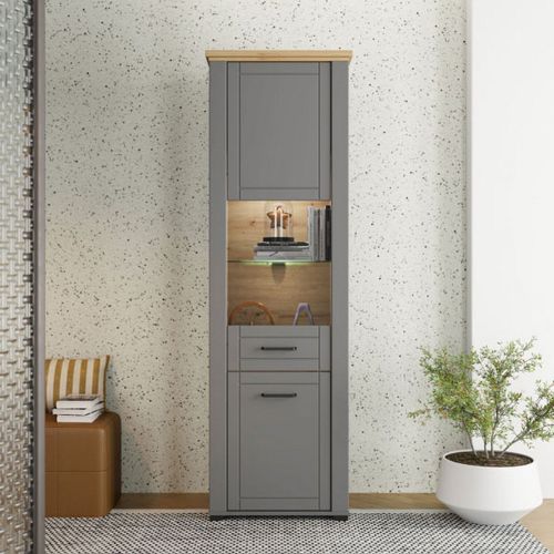 Vetrina Grigio Marrone Rovere Nodi 4 Ripiani Apertura Battente 60.5x41x194.5h cm, 2 Ante - Piscinas