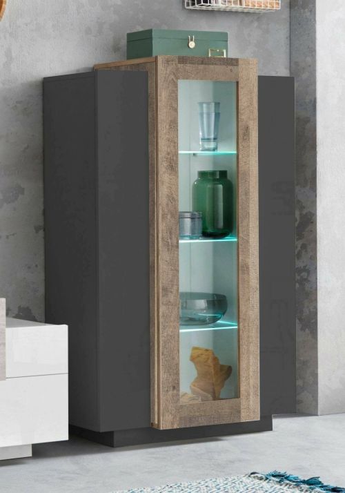Vetrina Kevin, Credenza con tre ante, Mobile da soggiorno multiuso, 100% Made in Italy, cm 80x38h121, Antracite e Acero