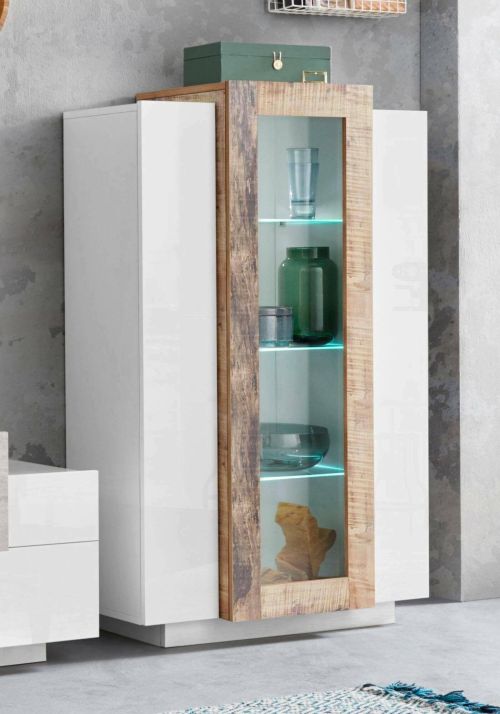 Vetrina Kevin, Credenza con tre ante, Mobile da soggiorno multiuso, 100% Made in Italy, cm 80x38h121, Bianco lucido e Acero