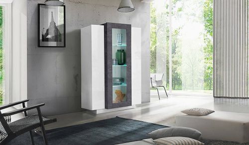 Vetrina Kevin, Credenza con tre ante, Mobile da soggiorno multiuso, 100% Made in Italy, cm 80x38h121, Bianco lucido e Ardesia