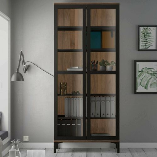 Vetrina Lisanne, Credenza espositiva, Vetrinetta multiuso, Madia da soggiorno, 89x36 h203 cm, Nero e Noce