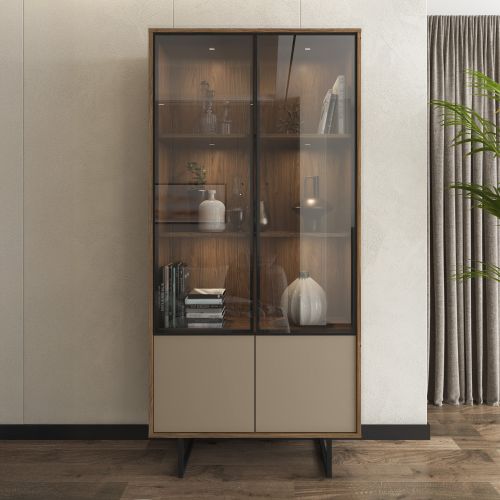 Vetrina Marrone Noce Beige 3 Ripiani 2 Ante 190x40x90h cm, Anta Dettaglio Vetro, con Luci led - Agro