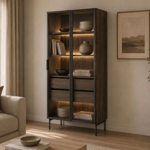 Vetrina Marrone Noce Trasparente 4 Ripiani 2 Cassetti 92x39x195h cm, 2 Ante - Lafafasa