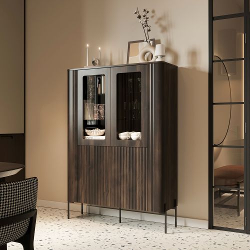 Vetrina Marrone Noce Trasparente 8 Ripiani 2 Ante 110x40x160h cm, Ante Effetto Rigato - Cimino