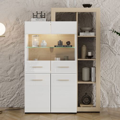 Vetrina Marrone Rovere Bianco Opaco 3 Ripiani 4 Ante 113x35x157h cm, con Piedini, Anta e Ripiano Dettaglio Vetro - Niel