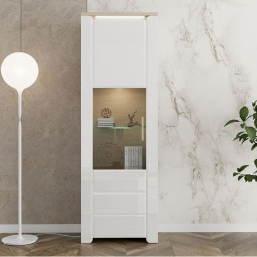 Vetrina Marrone Rovere Bianco Opaco 5 Ripiani Un'anta 64x35x194h cm, Anta e Ripiano Dettaglio Vetro - Cibiana