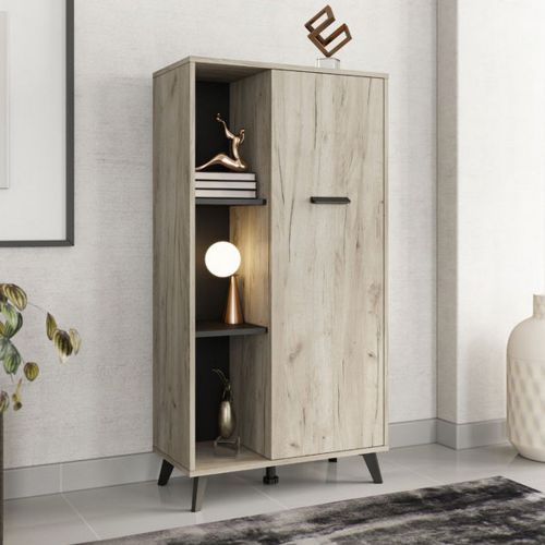 Vetrina Marrone Rovere Chiaro Nero 4 Ripiani Un'anta 67.5x33x130.5h cm, 6 Vani - Dolzago