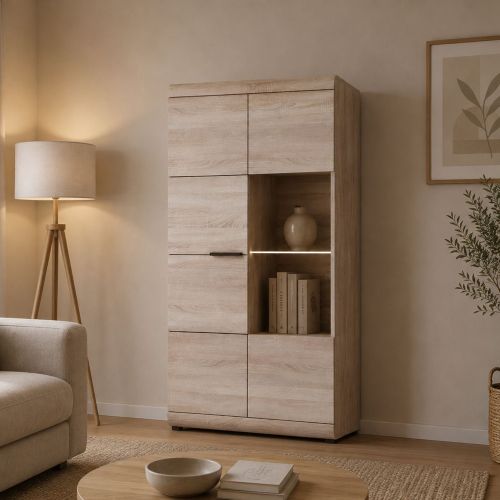 Vetrina Marrone Rovere Nero 6 Ripiani 2 Ante 80x37x158h cm, con led Angoli Arrotondati - Ladavapa