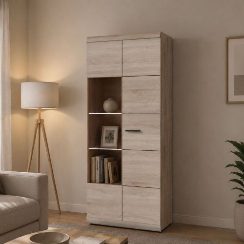 Vetrina Marrone Rovere Nero 8 Ripiani 2 Ante 80x37x194h cm, con led Angoli Arrotondati - Ladara