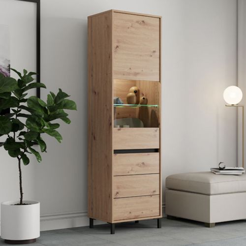 Vetrina Marrone Rovere Nodi Nero 4 Ripiani 2 Ante 55x40x193h cm, con Piedini, Anta e Ripiano Dettaglio Vetro - Ovodda