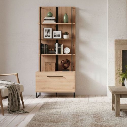 Vetrina Marrone Rovere Nodi Nero 4 Ripiani Un'anta 85x42x191.5h cm, 2 Vani - Gargnano