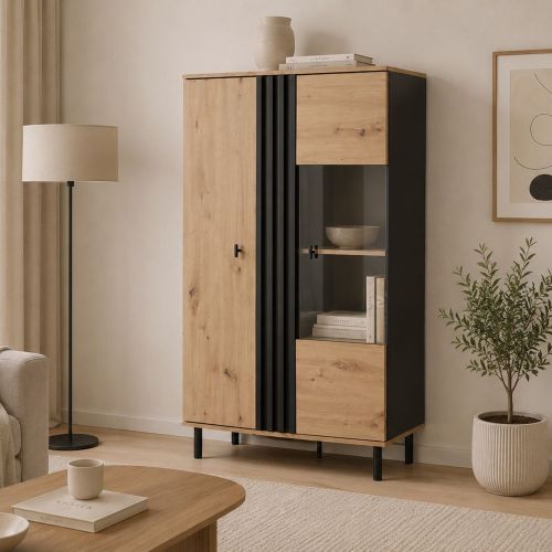 Vetrina Marrone Rovere Nodi Nero 6 Ripiani 2 Ante 90x40x149h cm, con Piedini - Lafasoli
