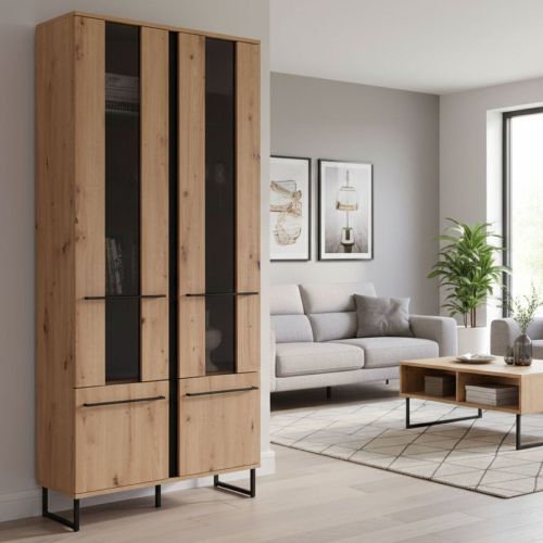 Vetrina Marrone Rovere Nodi Nero 8 Ripiani Apertura Battente 84.5x35x193.5h cm, 4 Ante - Gissi
