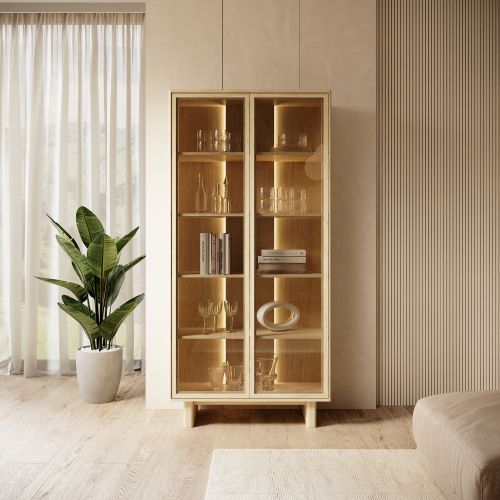 Vetrina Marrone Rovere Trasparente Rovere 4 Ripiani 2 Ante 94x38x195h cm, con led - Hasa