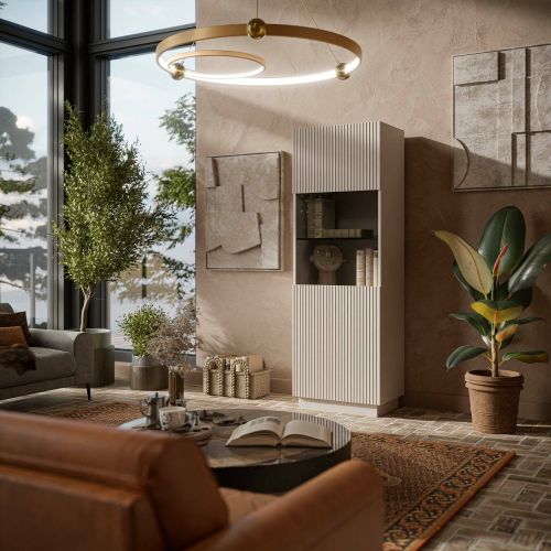 Vetrina Mealhada, Vetrinetta da soggiorno con anta e dettaglio in vetro, Finitura con effetto cannettato, 60x40 h178 cm, Beige
