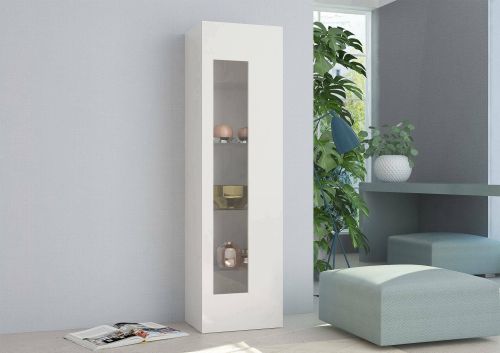 Vetrina Mimmo, Credenza con anta a vetro, Mobile da soggiorno multiuso, 100% Made in Italy, cm 45x34h162, Bianco lucido