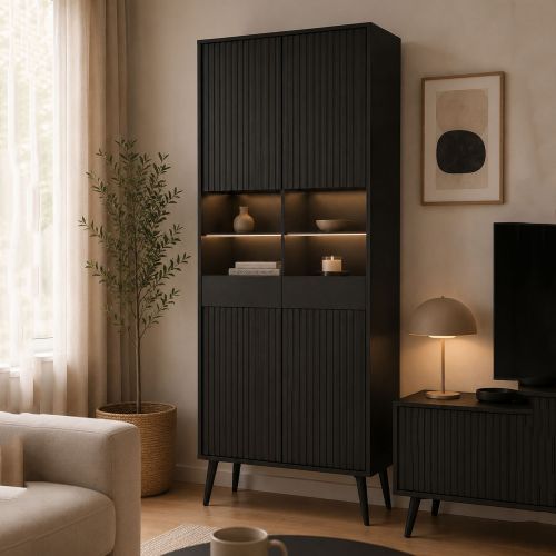Vetrina Nero 6 Ripiani 2 Ante 91x40x193h cm, 2 Riapiani in Vetro - Lenega