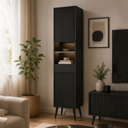 Vetrina Nero Antracite 3 Ripiani Un'anta 47x40x193h cm, Ripiano in Vetro, Anta Reversibile - Lenagaba