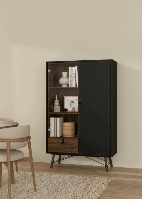 Vetrina Zoe, Credenza espositiva, Vetrinetta multiuso, Madia da soggiorno, 40x102 h162 cm, Nero e Noce