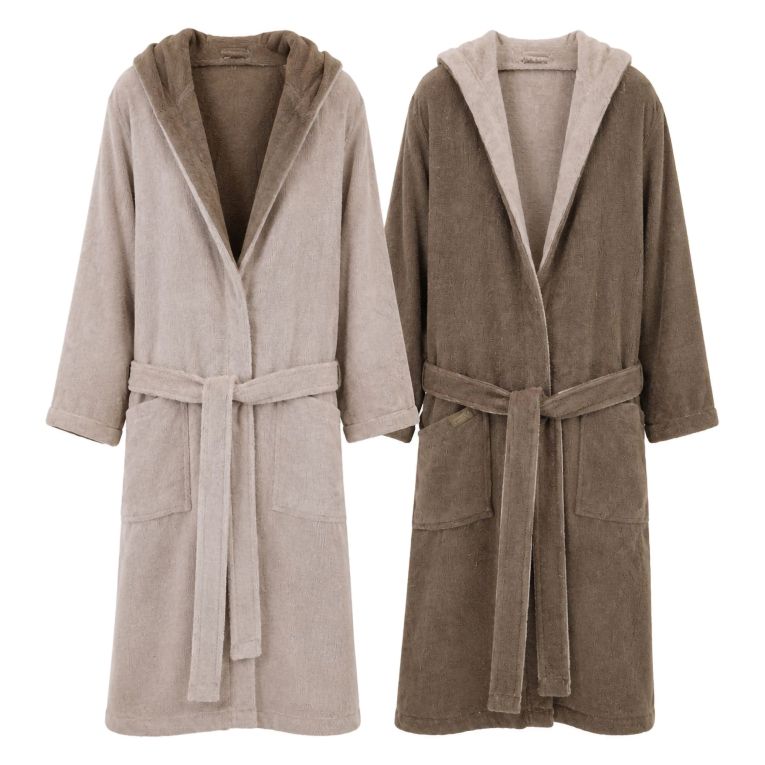 Accappatoio Beige Crema Marrone 100% Cotone Egiziano a fibra lunga pettinato Reversibile Con cappuccio, Taglia L-XL - Sefane Luxury