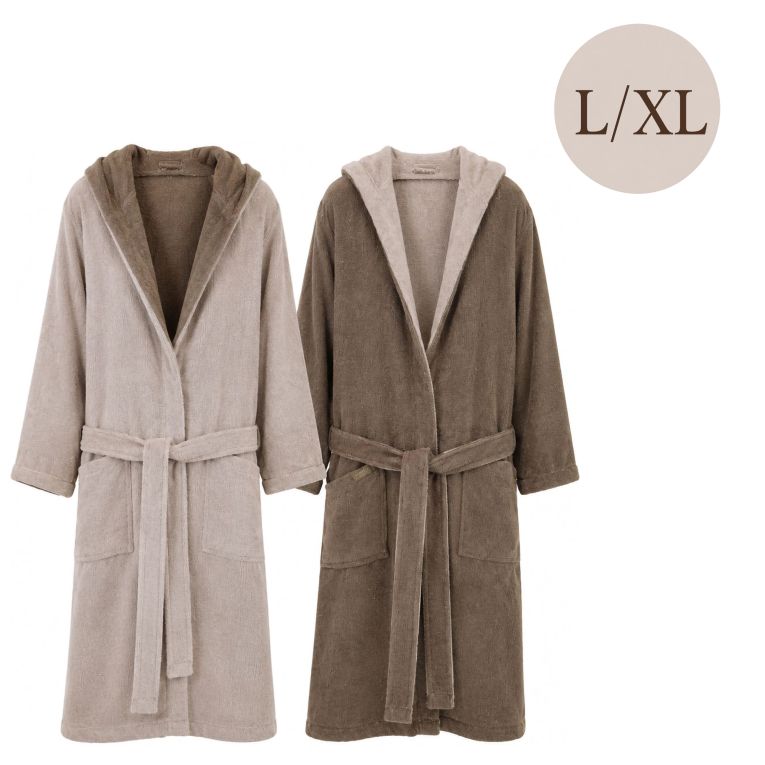 Accappatoio Beige Crema Marrone 100% Cotone Egiziano a fibra lunga pettinato Reversibile Con cappuccio, Taglia L-XL - Sefane Luxury