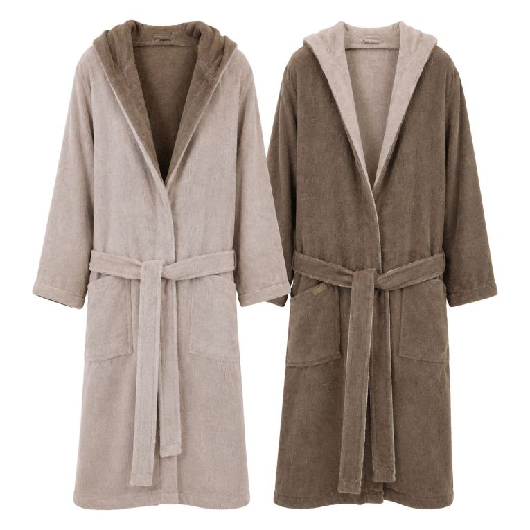 Accappatoio Beige Crema Marrone 100% Cotone Egiziano a fibra lunga pettinato Reversibile Con cappuccio, Taglia M-L - Seha Luxury