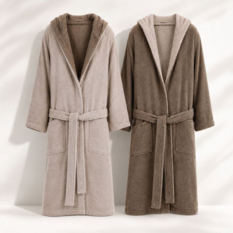 Accappatoio Beige Crema Marrone 100% Cotone Egiziano a fibra lunga pettinato Reversibile Con cappuccio, Taglia M-L - Seha Luxury