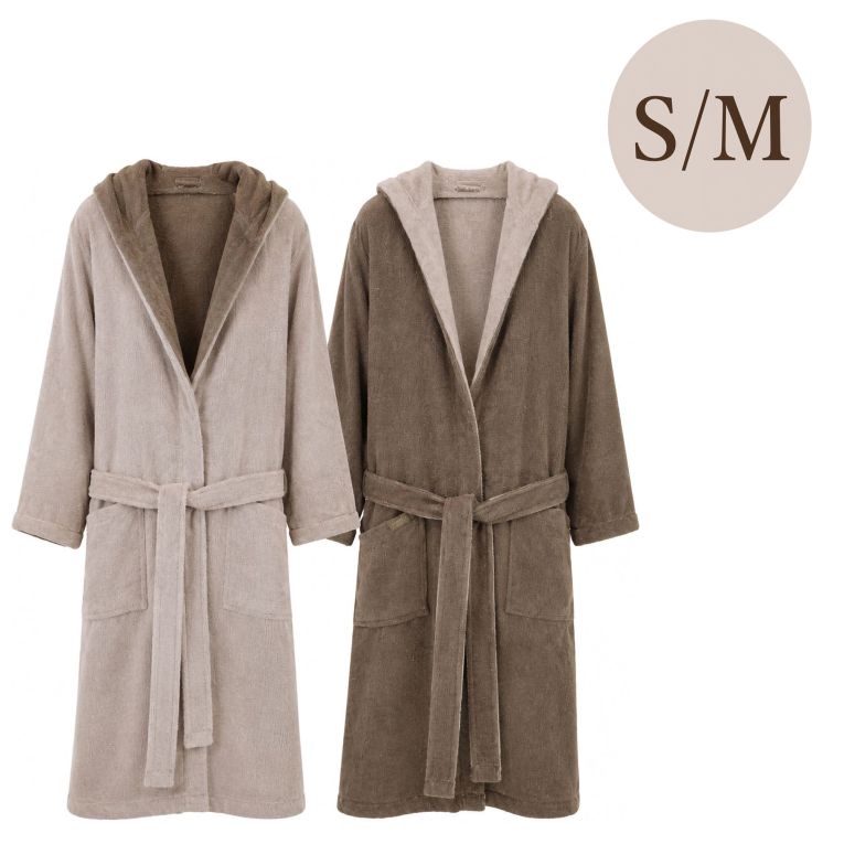 Accappatoio Beige Crema Marrone 100% Cotone Egiziano a fibra lunga pettinato Reversibile Con cappuccio, Taglia S-M - Selesi Luxury