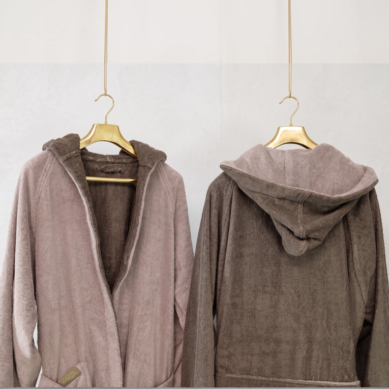 Accappatoio Beige Crema Marrone 100% Cotone Egiziano a fibra lunga pettinato Reversibile Con cappuccio, Taglia S-M - Selesi Luxury