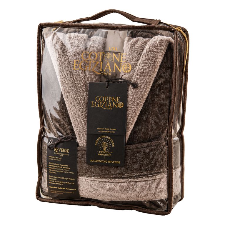 Accappatoio Beige Crema Marrone 100% Cotone Egiziano a fibra lunga pettinato Reversibile Con cappuccio, Taglia S-M - Selesi Luxury