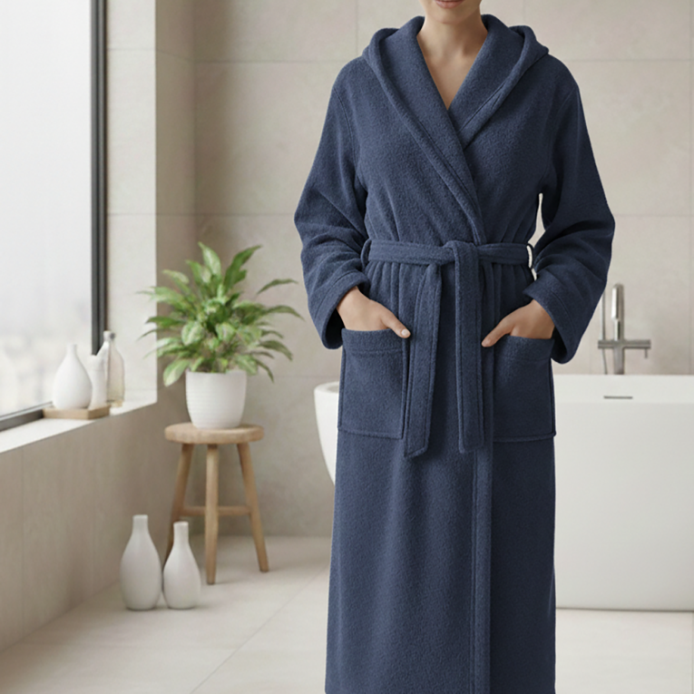 Accappatoio blu 100% cotone Con cappuccio, Taglia L - Satotite Luxury