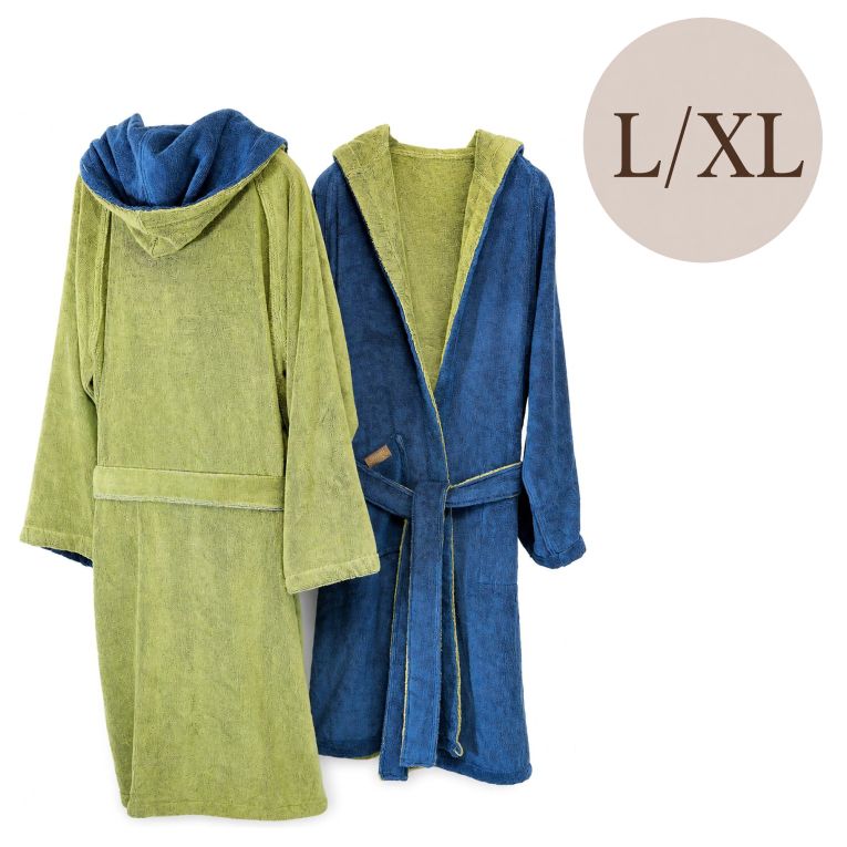 Accappatoio blu Indaco Verde Menta 100% Cotone Egiziano a fibra lunga pettinato Reversibile Con cappuccio , Taglia L/XL - Sefane Luxury
