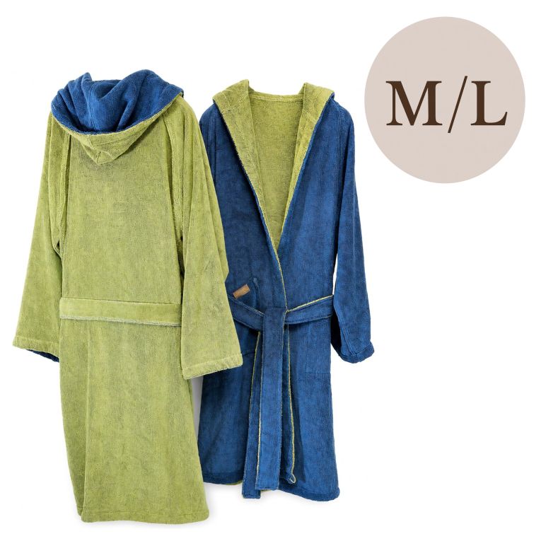Accappatoio blu Indaco Verde Menta 100% Cotone Egiziano a fibra lunga pettinato Reversibile Con cappuccio, Taglia M-L - Seha Luxury