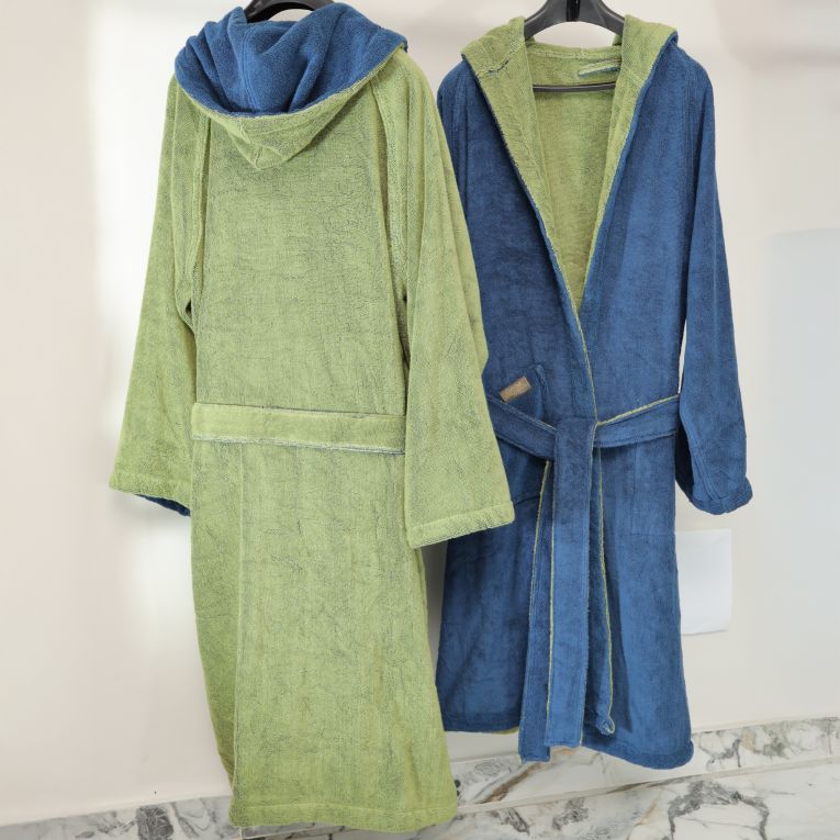 Accappatoio blu Indaco Verde Menta 100% Cotone Egiziano a fibra lunga pettinato Reversibile Con cappuccio, Taglia M-L - Seha Luxury