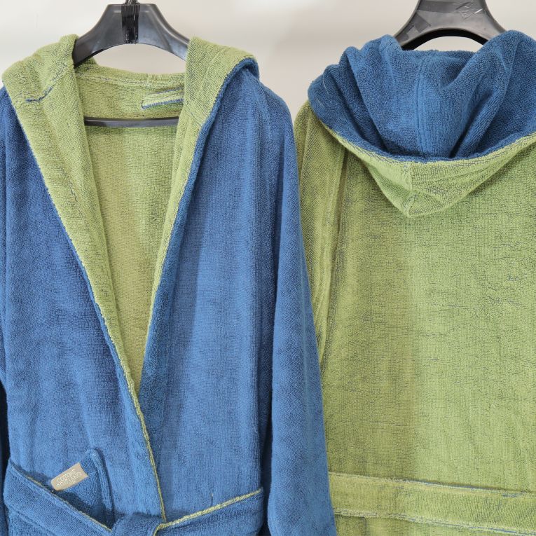 Accappatoio blu Indaco Verde Menta 100% Cotone Egiziano a fibra lunga pettinato Reversibile Con cappuccio, Taglia M-L - Seha Luxury