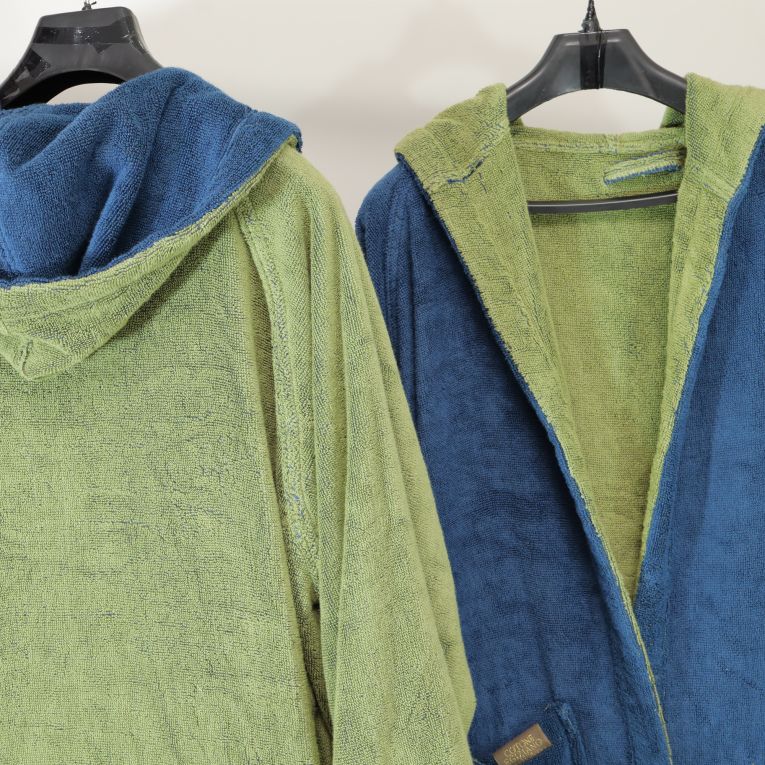 Accappatoio blu Indaco Verde Menta 100% Cotone Egiziano a fibra lunga pettinato Reversibile Con cappuccio, Taglia M-L - Seha Luxury