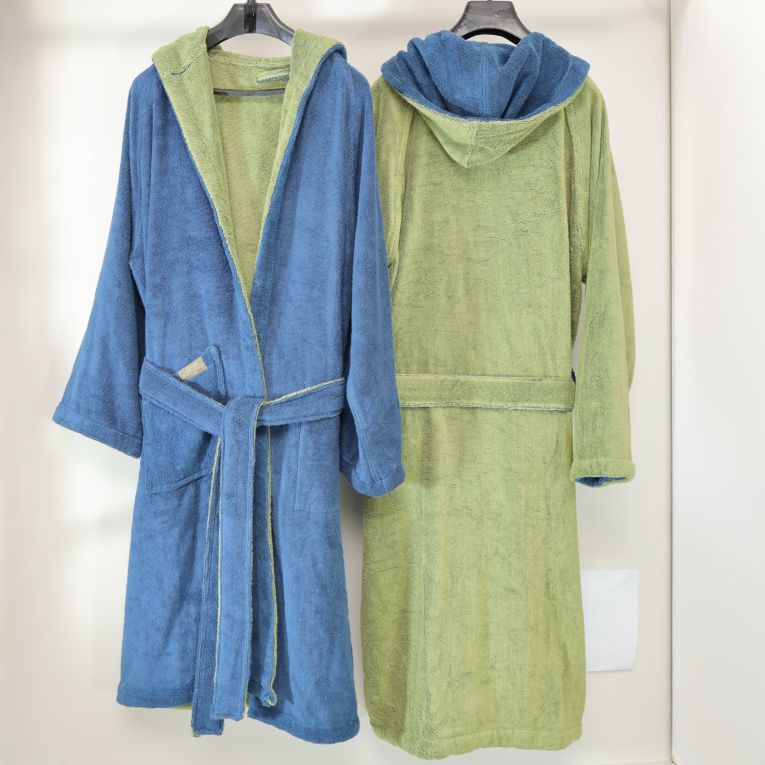 Accappatoio blu Indaco Verde Menta 100% Cotone Egiziano a fibra lunga pettinato Reversibile Con cappuccio , Taglia S/M - Selesi Luxury
