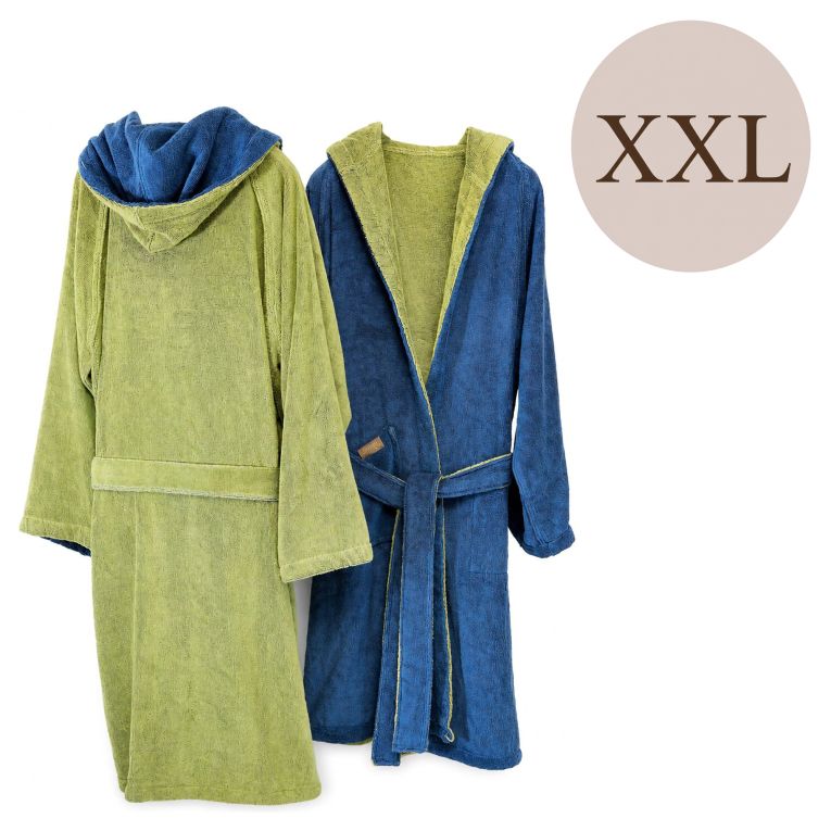Accappatoio blu Indaco Verde Menta 100% Cotone Egiziano a fibra lunga pettinato Reversibile Con cappuccio , Taglia XXL - Sekate Luxury