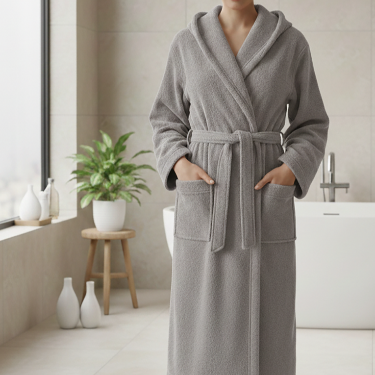 Accappatoio Grigio 100% cotone Con cappuccio, Taglia S - Satofa Luxury