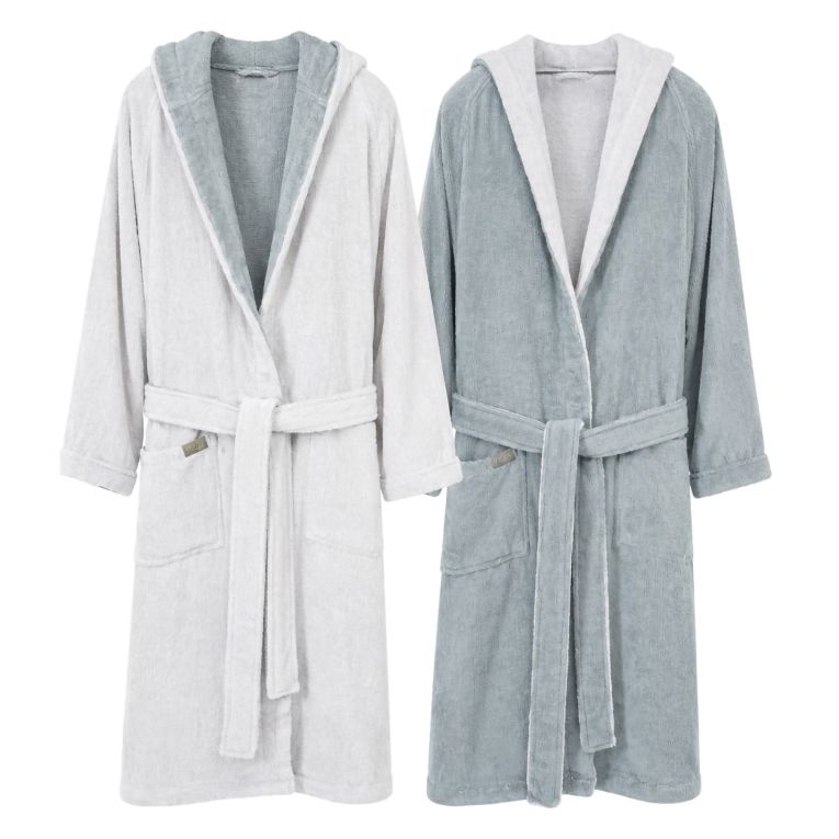 Accappatoio Grigio Chiaro Grigio Scuro 100% Cotone Egiziano a fibra lunga pettinato Reversibile Con cappuccio , Taglia L/XL - Sefane Luxury