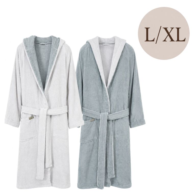 Accappatoio Grigio Chiaro Grigio Scuro 100% Cotone Egiziano a fibra lunga pettinato Reversibile Con cappuccio , Taglia L/XL - Sefane Luxury