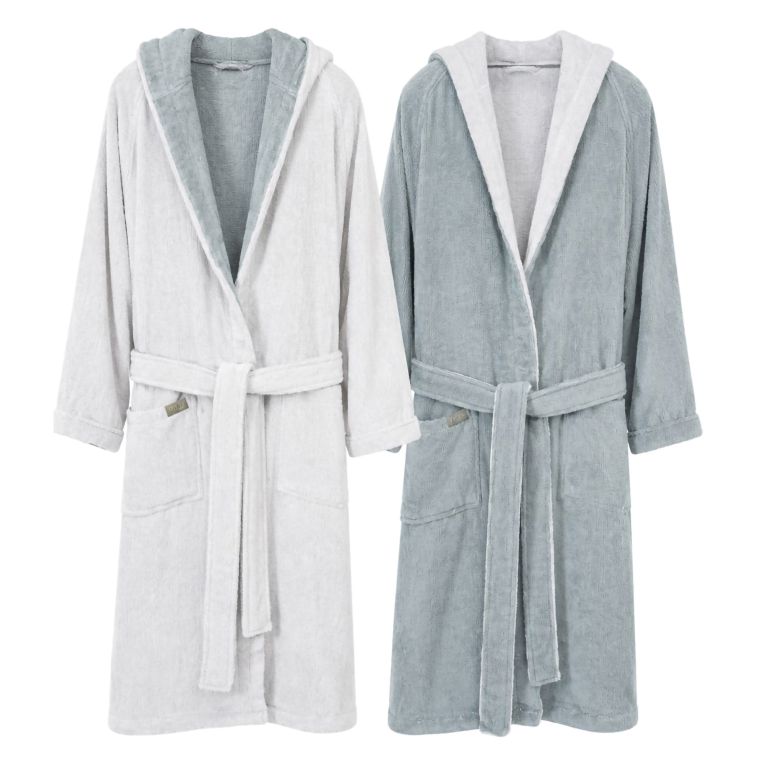 Accappatoio Grigio Chiaro Grigio Scuro 100% Cotone Egiziano a fibra lunga pettinato Reversibile Con cappuccio , Taglia S/M - Selesi Luxury