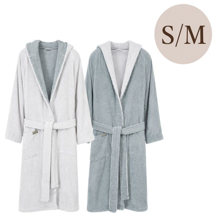 Accappatoio Grigio Chiaro Grigio Scuro 100% Cotone Egiziano a fibra lunga pettinato Reversibile Con cappuccio , Taglia S/M - Selesi Luxury