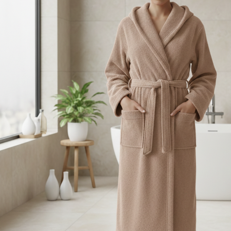 Accappatoio Marrone Sabbia 100% cotone Con cappuccio , Taglia M - Satoka Luxury