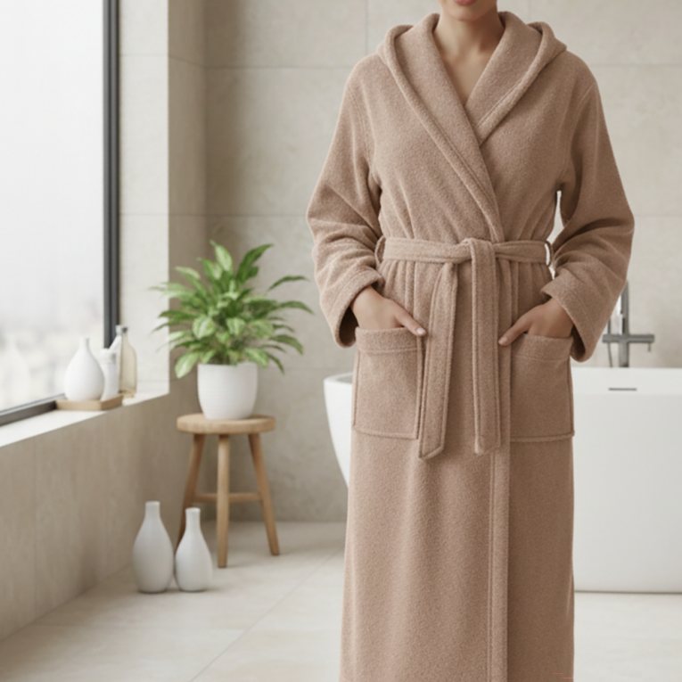 Accappatoio Marrone Sabbia 100% cotone Con cappuccio , Taglia XL - Satiza Luxury