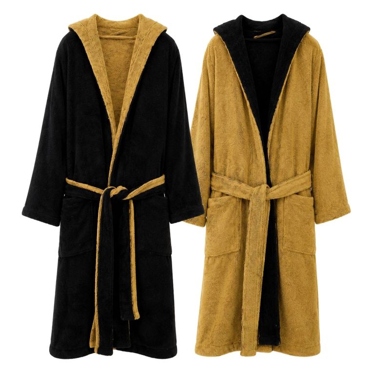 Accappatoio Nero oro 100% Cotone Egiziano a fibra lunga pettinato Reversibile Con cappuccio, Taglia L-XL - Sefane Luxury