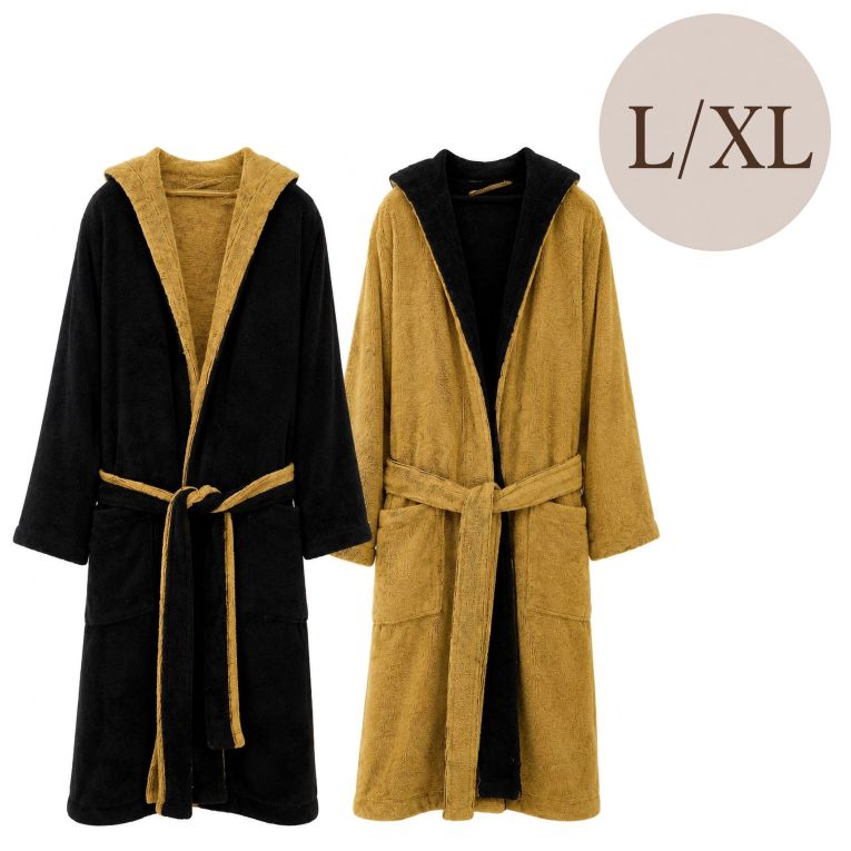 Accappatoio Nero oro 100% Cotone Egiziano a fibra lunga pettinato Reversibile Con cappuccio, Taglia L-XL - Sefane Luxury