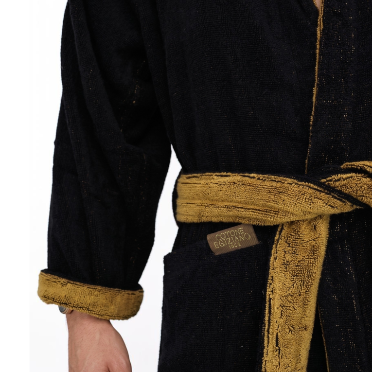 Accappatoio Nero oro 100% Cotone Egiziano a fibra lunga pettinato Reversibile Con cappuccio, Taglia L-XL - Sefane Luxury