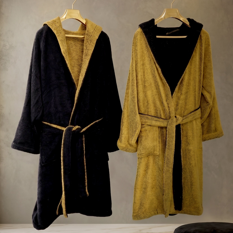 Accappatoio Nero oro 100% Cotone Egiziano a fibra lunga pettinato Reversibile Con cappuccio, Taglia L-XL - Sefane Luxury