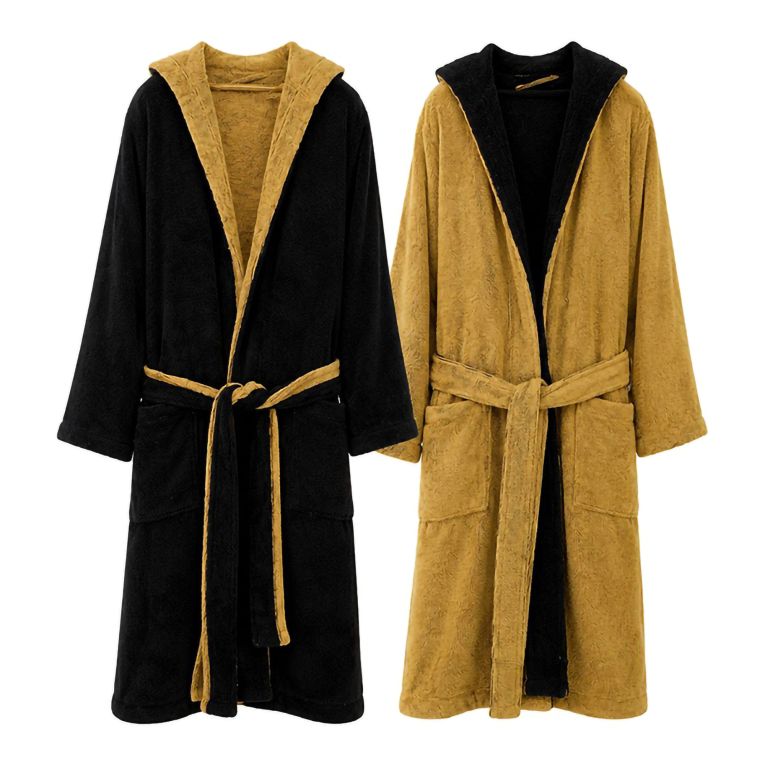 Accappatoio Nero oro 100% Cotone Egiziano a fibra lunga pettinato Reversibile Con cappuccio, Taglia M-L - Seha Luxury